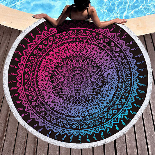 Geometric Round Picnic Mat in Black and White with Fringed Details-Black