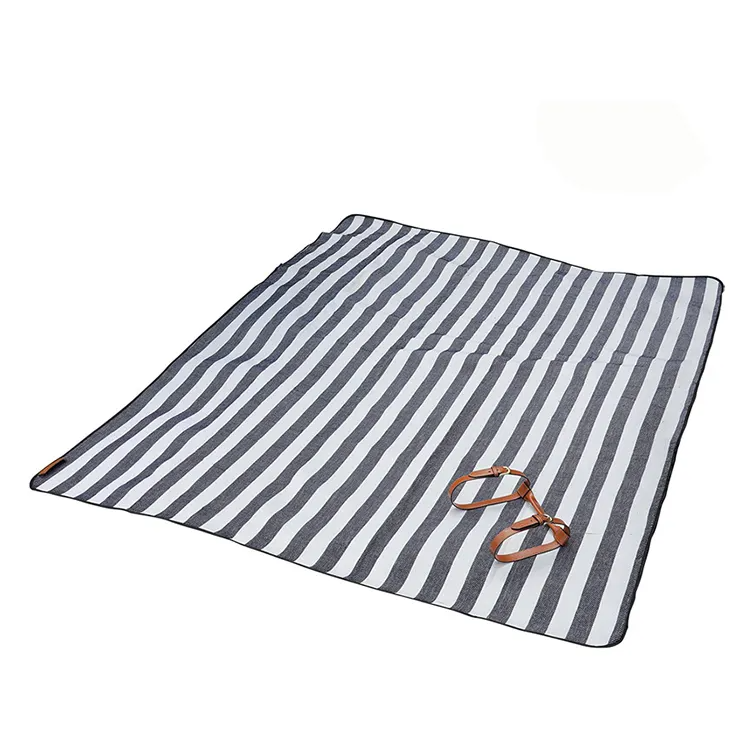 Stripe Style Foldable Outdoor Camping Beach Mat with Leather Handle-Grey